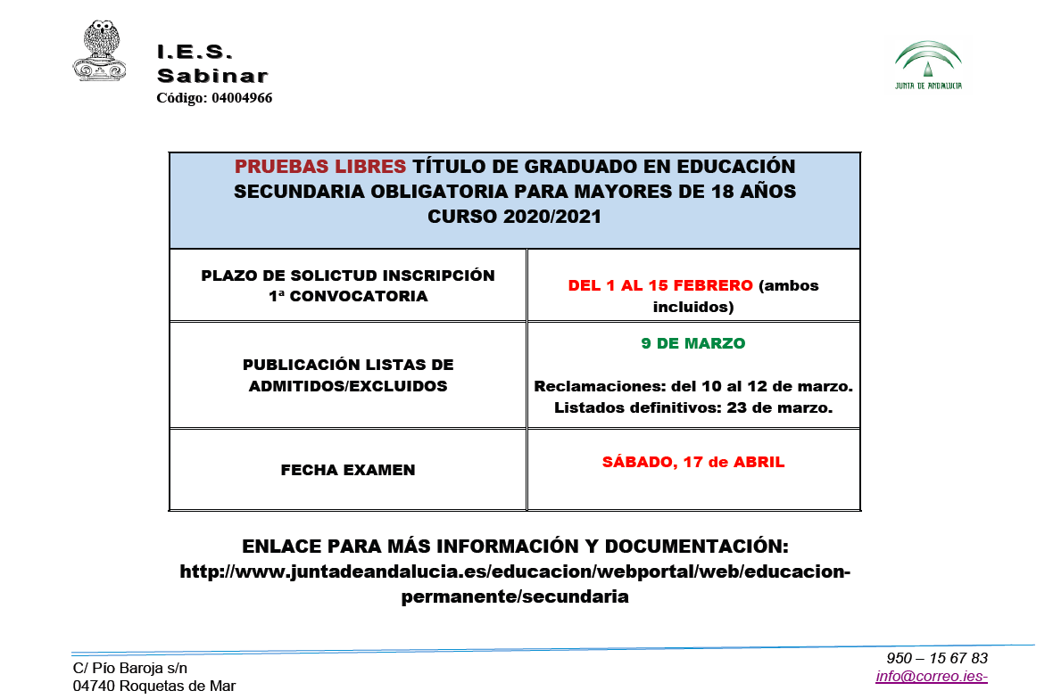 PLAZOS CONVOCATORIA PRUEBAS LIBRES ESO IES