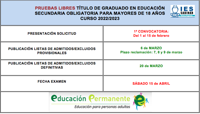 CALENDARIO PRUEBAS LIBRES ESO